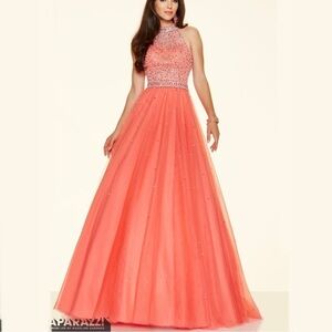 Mori Lee Coral Beaded Tulle Prom Dress #98096